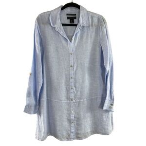 Tahari Women’s Sky Blue Gray‎ 100% Linen Button Front Top Blouse Tunic Sz L